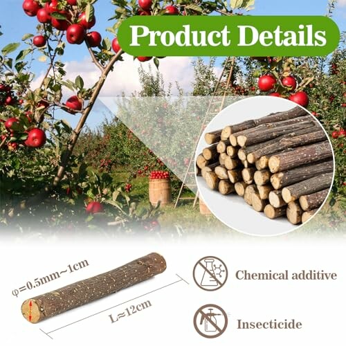 Insecticide sticks in an apple orchard with product details highlighted.
