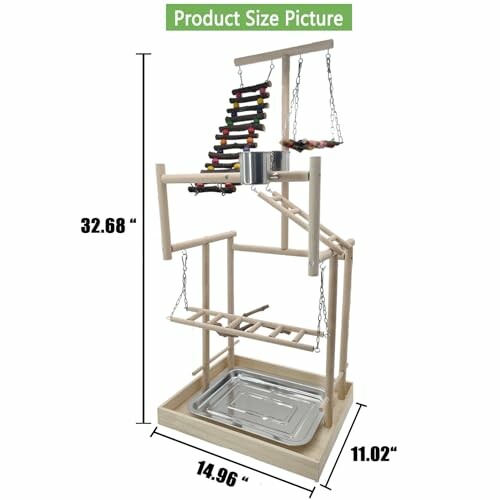 A wooden bird play stand with ladder, tray, and perches, showing dimensions.