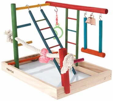 Colorful wooden bird playground with ladders, swings, and toys.