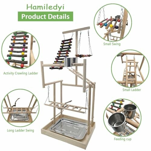 Bird playground stand with various ladders, swings, and feeding cup.