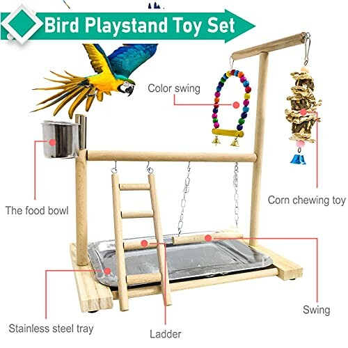 Bird playstand toy set with food bowl, ladder, swings, and chew toys.