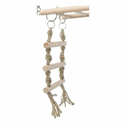 Wooden bird rope ladder toy with metal rings.