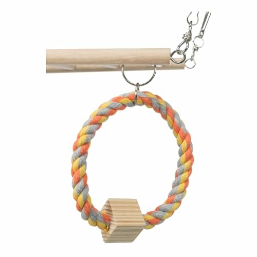 Colorful bird swing with rope and wooden perch.