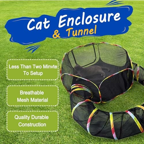 Outdoor cat enclosure and tunnel on grass