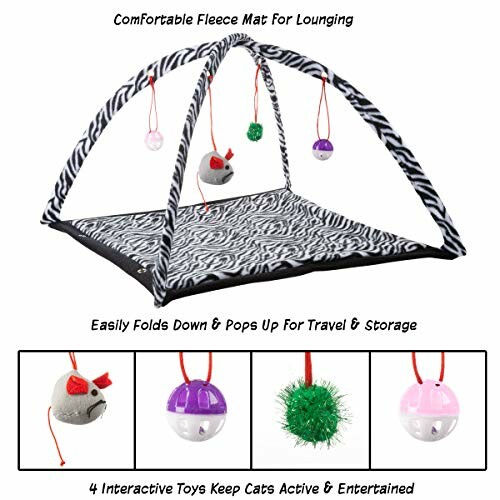 Cat play mat with zebra print and hanging toys for entertainment.