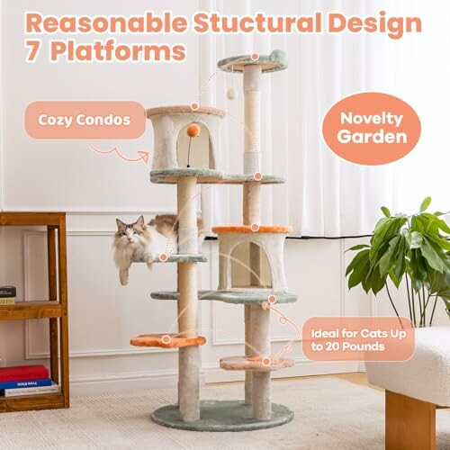 Cat tree with 7 platforms and cozy condos, suitable for cats up to 20 pounds.