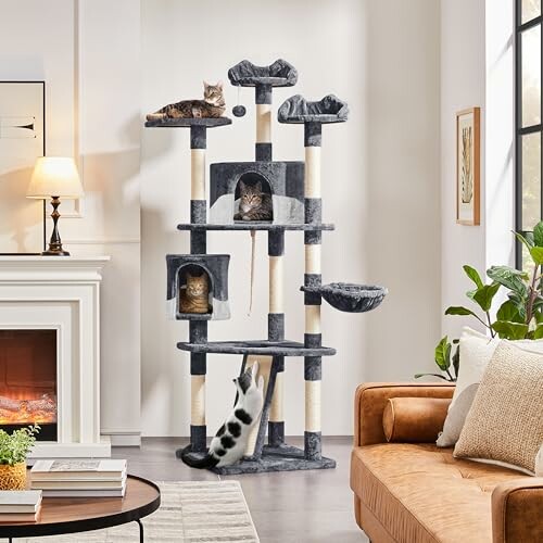 Cats playing on a multi-level cat tree in a living room.