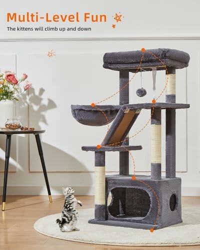 Cat climbing tree with multiple levels and a kitten playing.