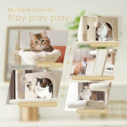 Cat tree with multiple features for playful cats.
