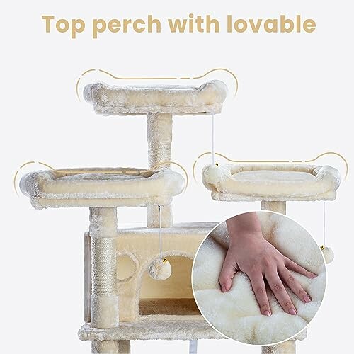 Cat tree with top perch and hand pressing plush surface.