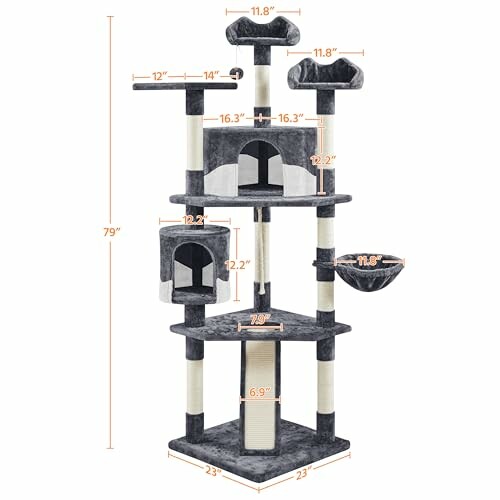 Multi-level cat tree tower with dimensions for each section
