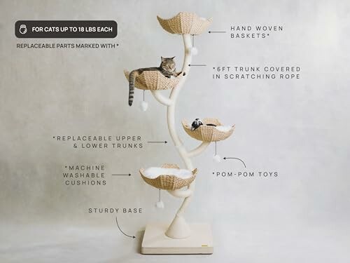 Cat tree with woven baskets and pom-pom toys for cats.