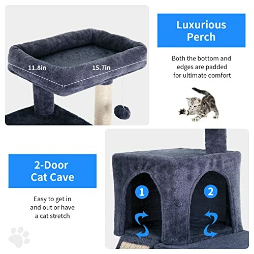Cat tree featuring a luxurious perch and a two-door cat cave.