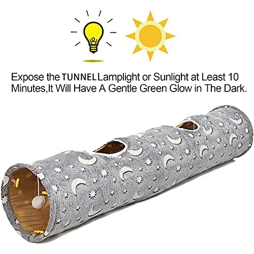 Gray cat tunnel with moon and star pattern, glows in the dark after light exposure.