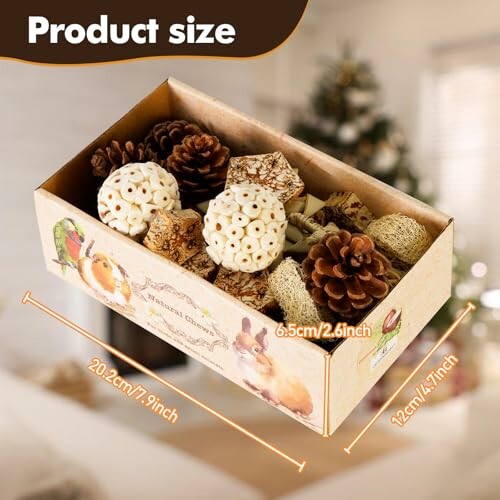 Decorative gift box with natural items like pinecones and loofahs, labeled with dimensions.