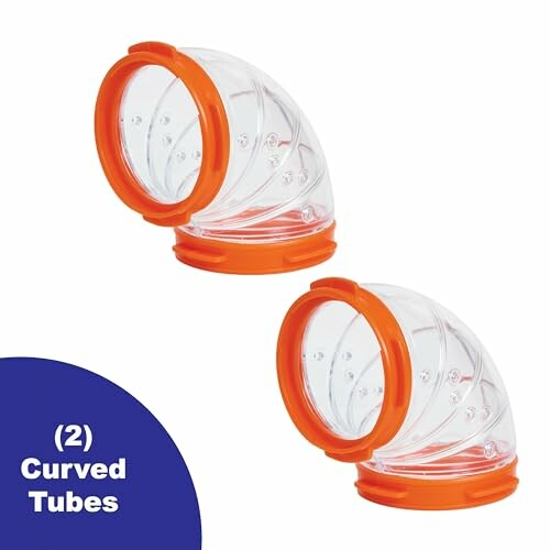 Two transparent curved tubes with orange ends for pet habitat.
