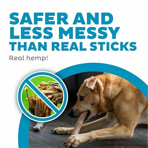 Dog chewing a hemp stick with text 'Safer and less messy than real sticks. Real hemp!'