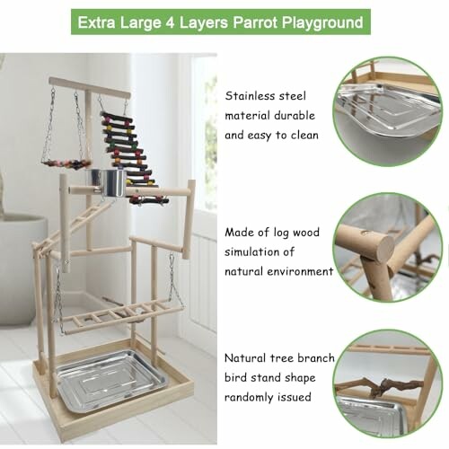 Parrot playground with stainless steel, wood, and tree branch features.