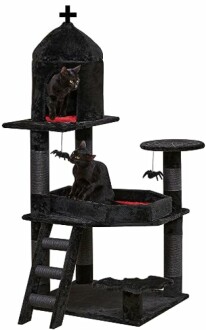 Black cat tree tower with bat decorations and two black cats.