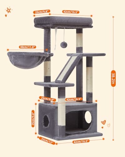 Gray cat tree tower with multiple levels and scratching posts.
