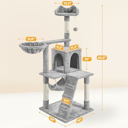 Gray cat tree tower with multiple levels, scratching posts, and a hanging toy.