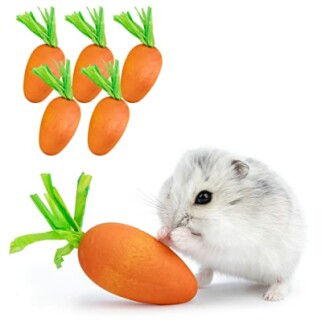 Hamster chewing on a carrot-shaped toy with more toy carrots in the background.