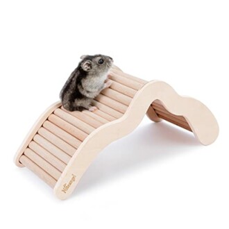 Hamster climbing a wooden bridge toy.