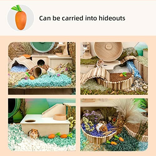 Hamster playground with toys and hideouts in various settings.