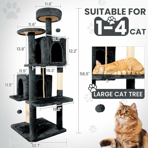 Large cat tree with multiple levels and sleeping areas for 1 to 4 cats.