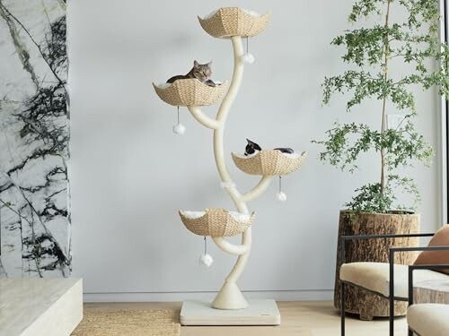 Cats lounging on a stylish multi-level cat tree indoors.