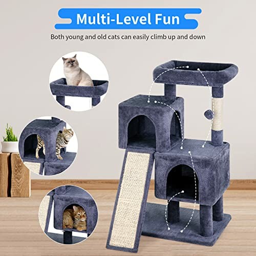 Cat tree with multiple levels and scratching post, featuring cats.