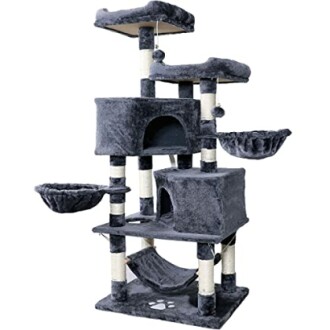 Multi-level gray cat tree with platforms and hammocks.