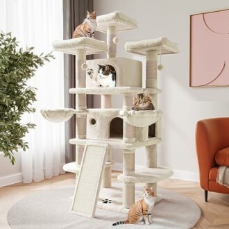 Cats on a multi-level cat tree with sisal posts and cozy platforms.