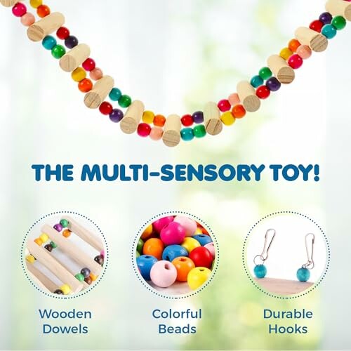 Multi-sensory toy with wooden dowels, colorful beads, and durable hooks.