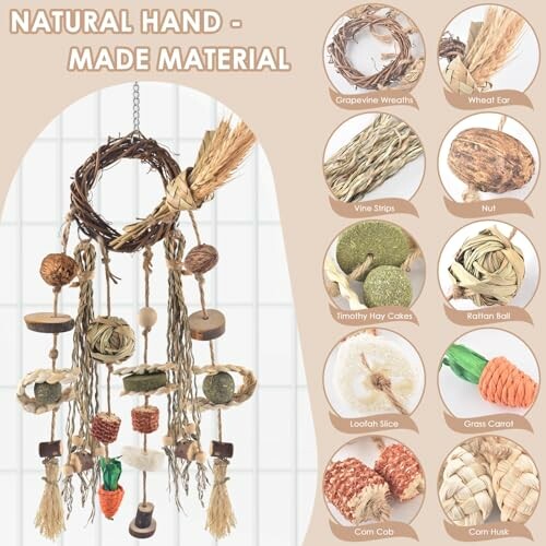 Natural handmade bird toy with various materials like grapevine, wheat, vine, nut, timothy hay, rattan, loofah, grass, corn.