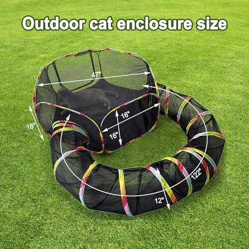 Outdoor cat enclosure with dimensions on grass