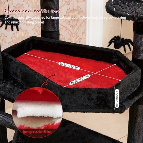 Oversized coffin-shaped cat bed with dimensions and sponge cushion filling.