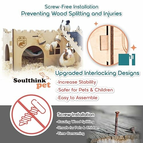 Pet cage with interlocking design preventing wood splitting and ensuring safety.