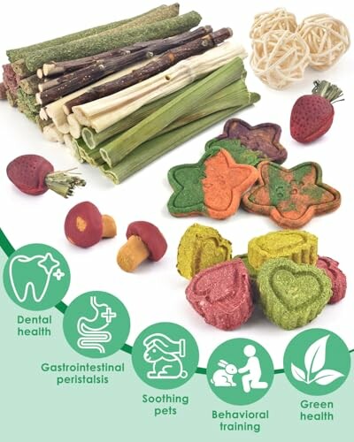Various pet treats including chew sticks and shaped biscuits for dental health and training.