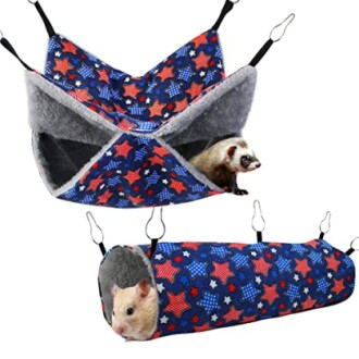 Hammock and tunnel set with stars pattern for small pets like ferrets and hamsters.