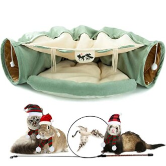 Pet tunnel bed with cats, rabbit, ferrets, and toy.