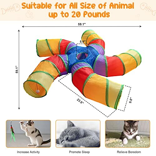 Colorful pet tunnel for cats with dimensions and benefits shown.
