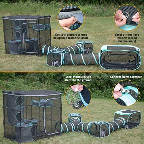 Portable pet enclosure with tunnels and secure zippers.