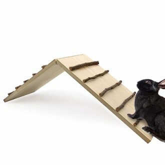 Rabbit climbing a wooden ramp with stick steps.