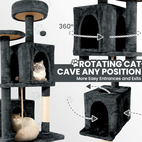 Cat tree with rotating cave and two cats inside.
