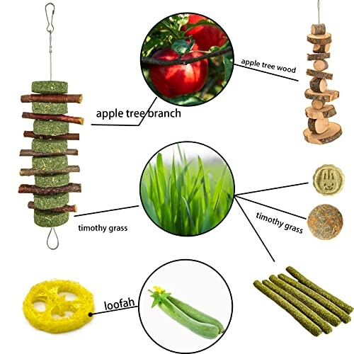 Various small animal chew toys made from apple tree wood, timothy grass, and loofah.