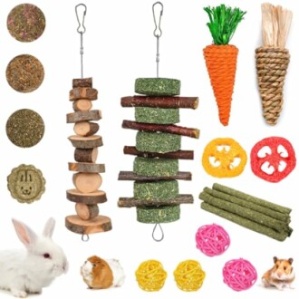 Assorted chew toys and treats for small animals, including rabbits and guinea pigs.
