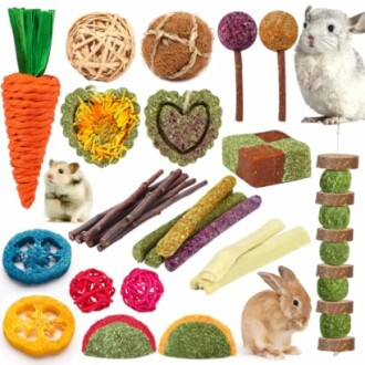 Collection of small animal toys and treats with a rabbit and chinchilla.