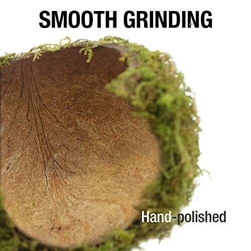 Close-up of a hand-polished coconut shell with the text 'Smooth Grinding'.