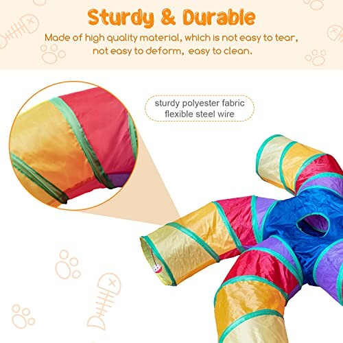 Colorful cat tunnel with sturdy polyester fabric and flexible steel wire.